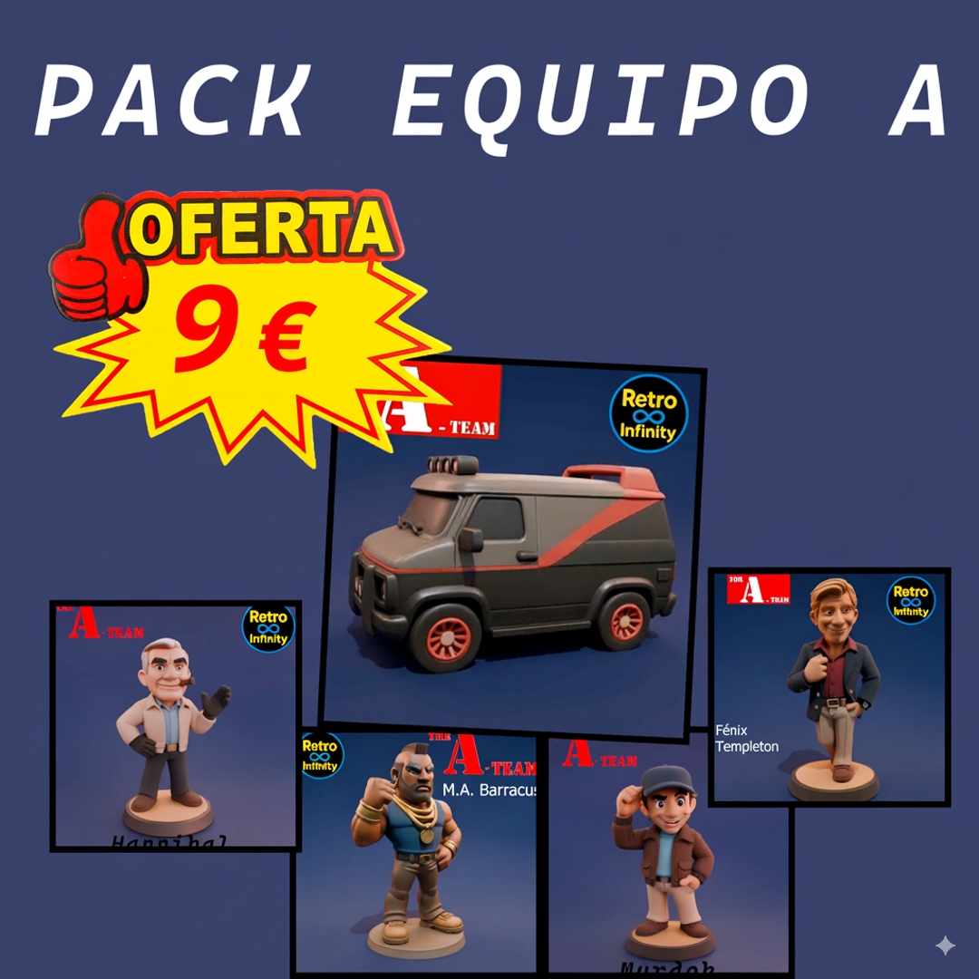 Model image PACK EQUIPO A / THE A-TEAM – SET COLECCIONABLE 3D ESTILO RETRO INFINITY (90 MM) | VINYL COLLECTIBLE – 5 FIGURAS + VEHÍCULO